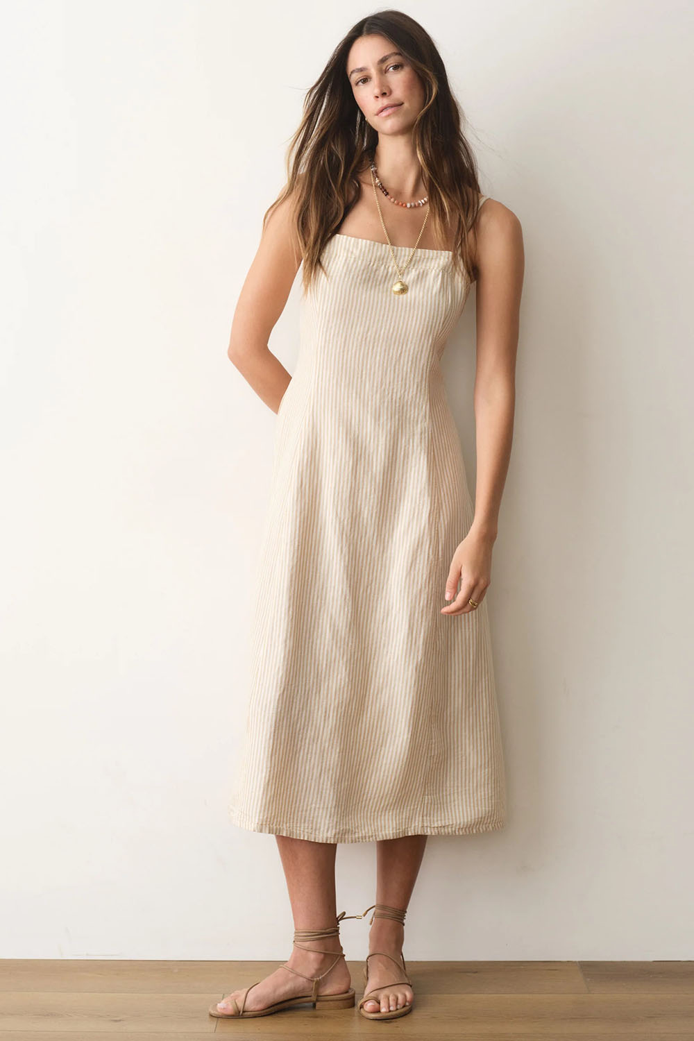 marine layer lucia linen dress sand stripe front