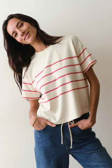 marine layer luxe crew tee red white stripe profile