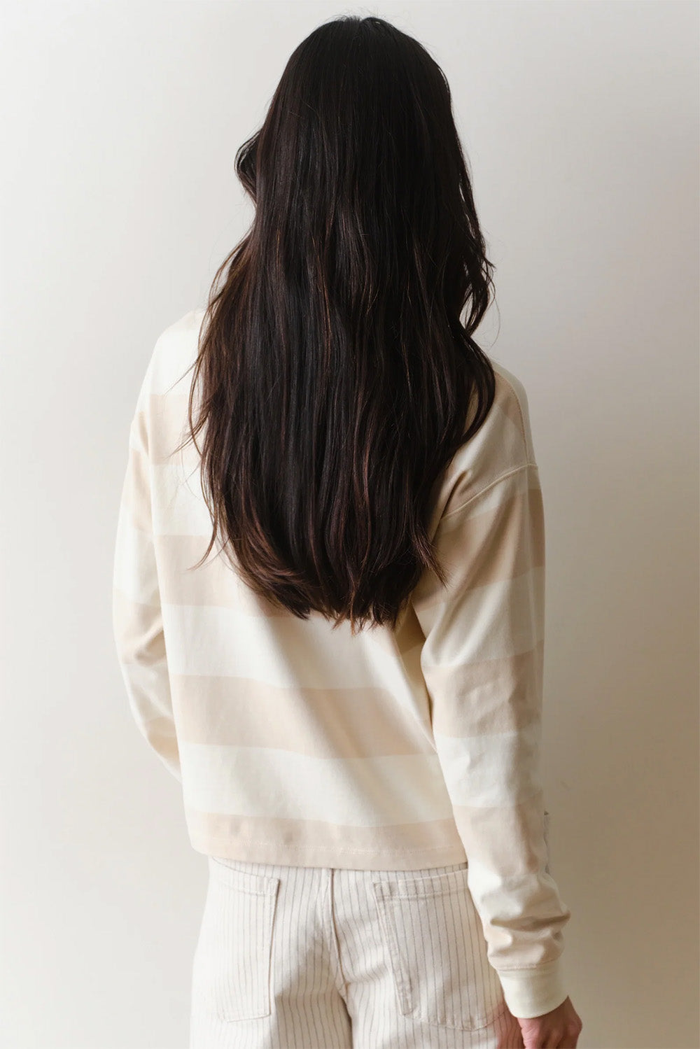 marine layer luxe polo tee cream stripe back
