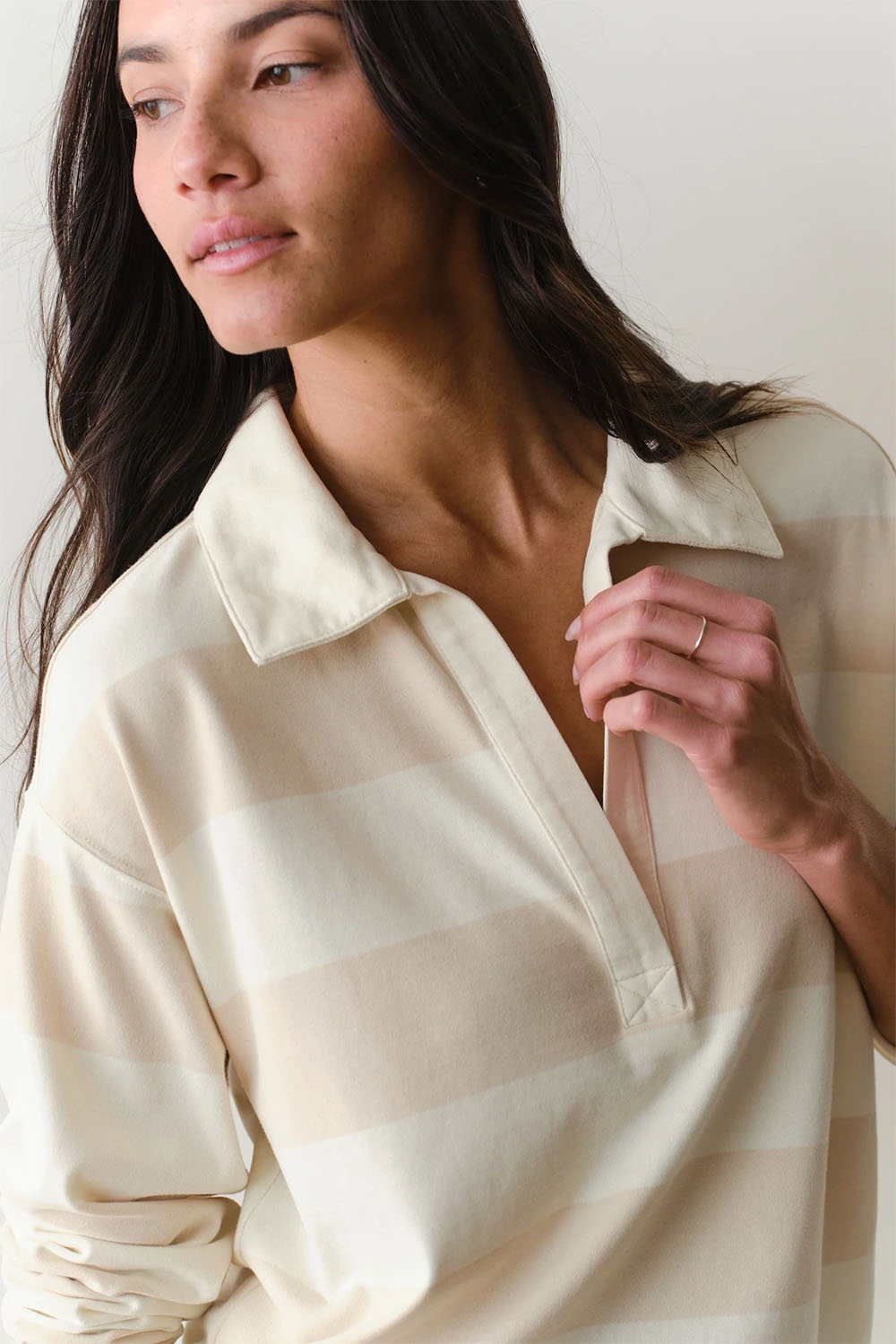 marine layer luxe polo tee cream stripe detail
