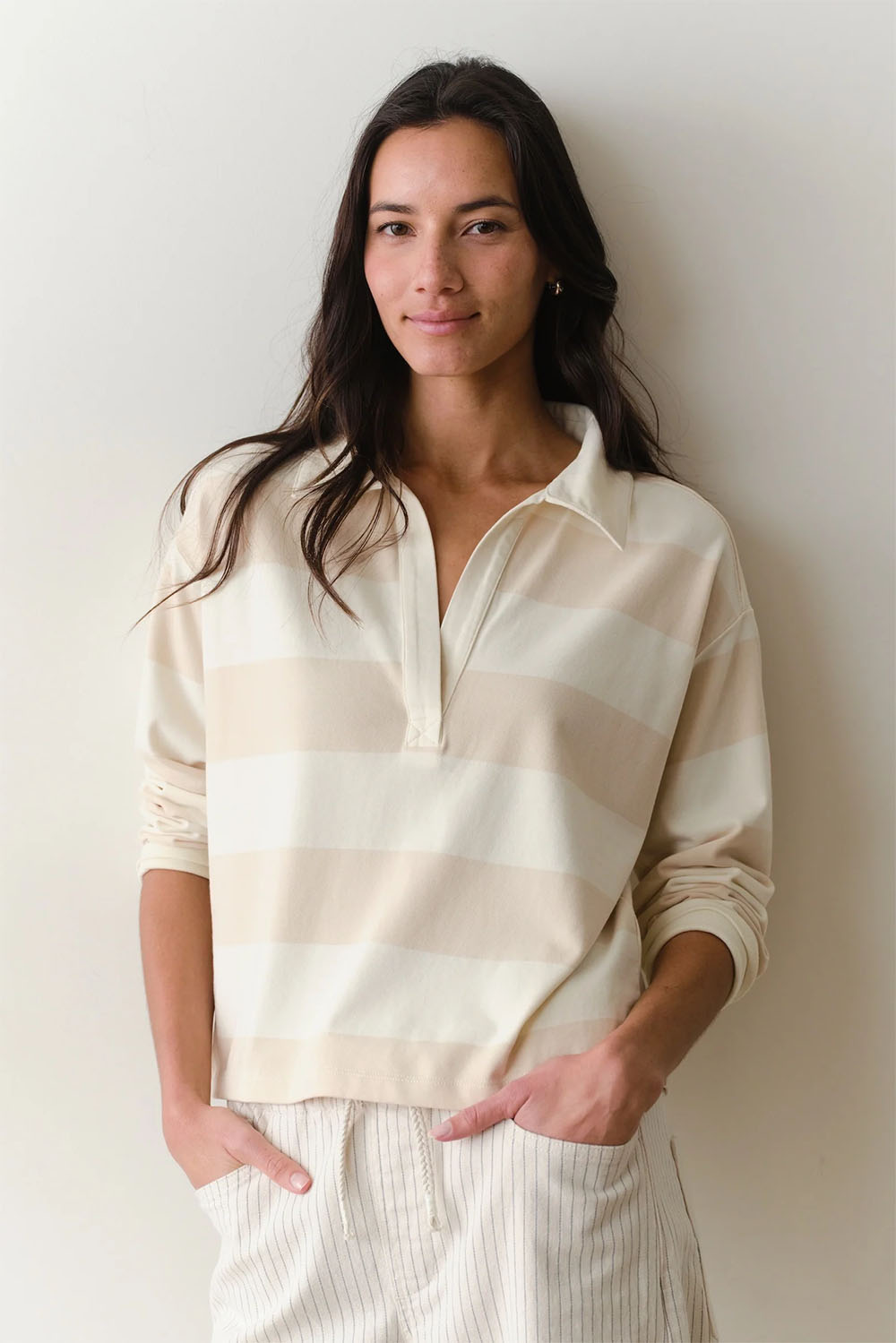 marine layer luxe polo tee cream stripe front