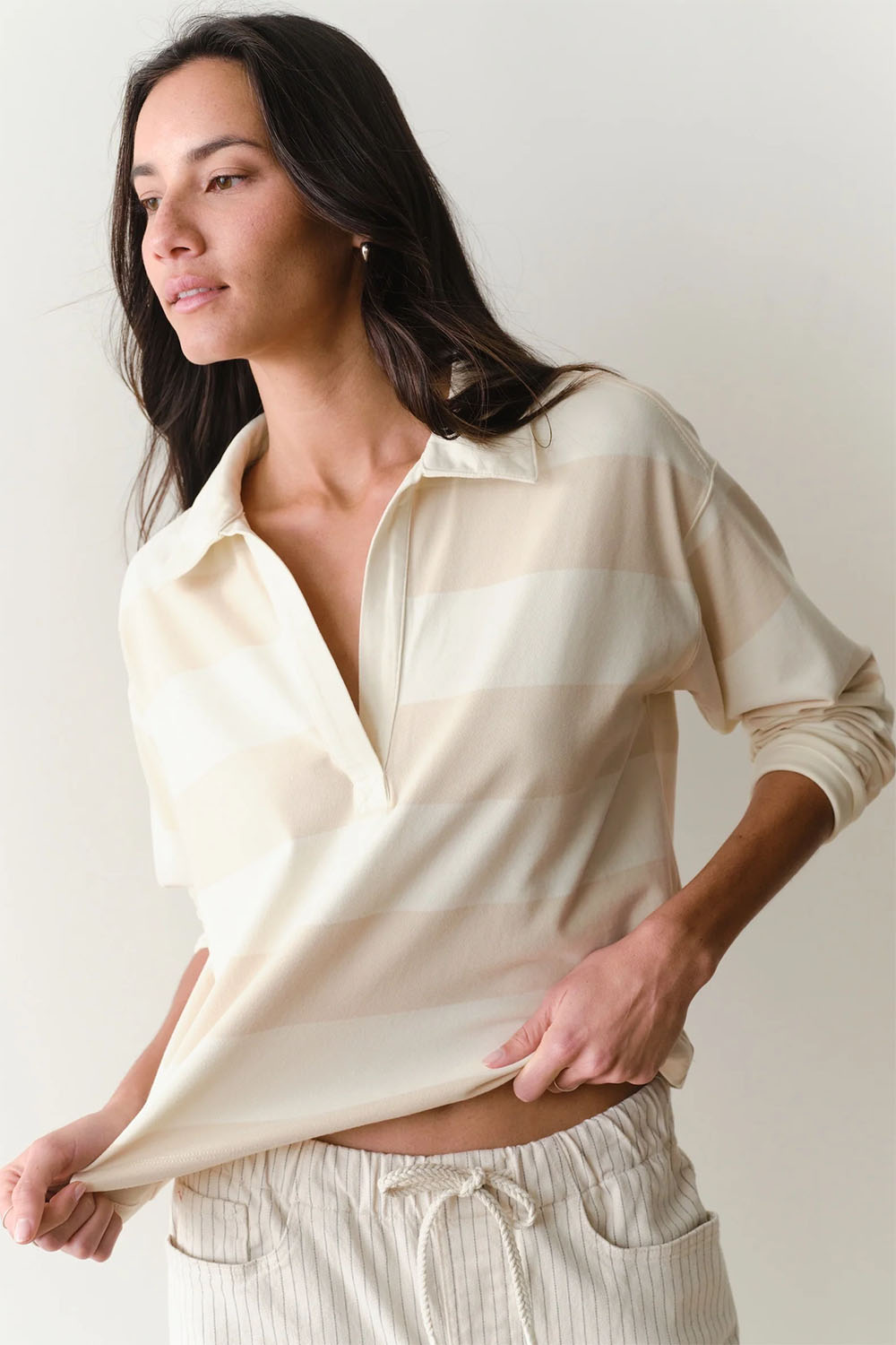 marine layer luxe polo tee cream stripe profile