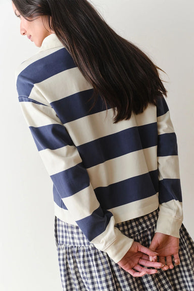 marine layer luxe polo tee navy stripe back