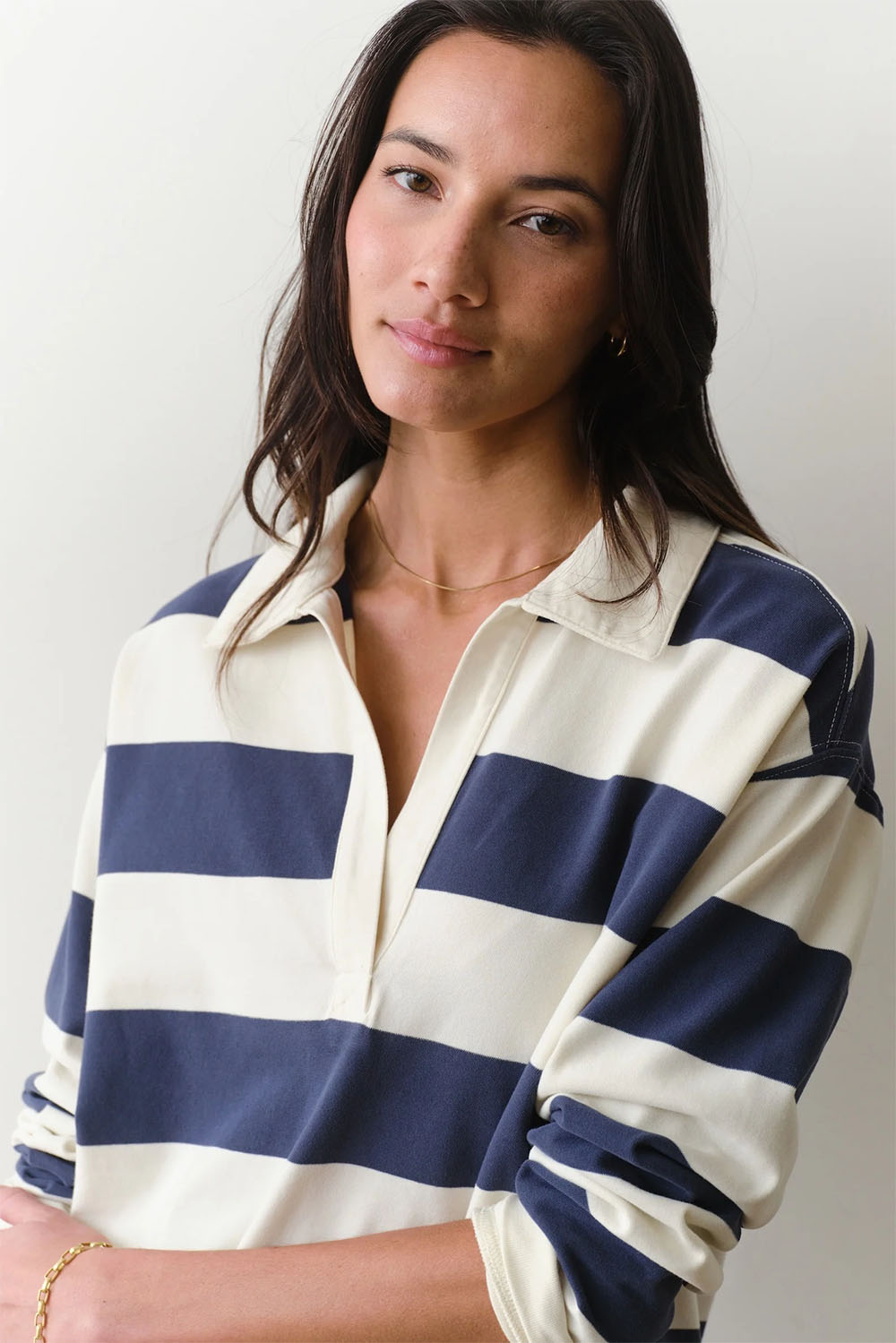 marine layer luxe polo tee navy stripe detail
