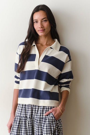 marine layer luxe polo tee navy stripe front