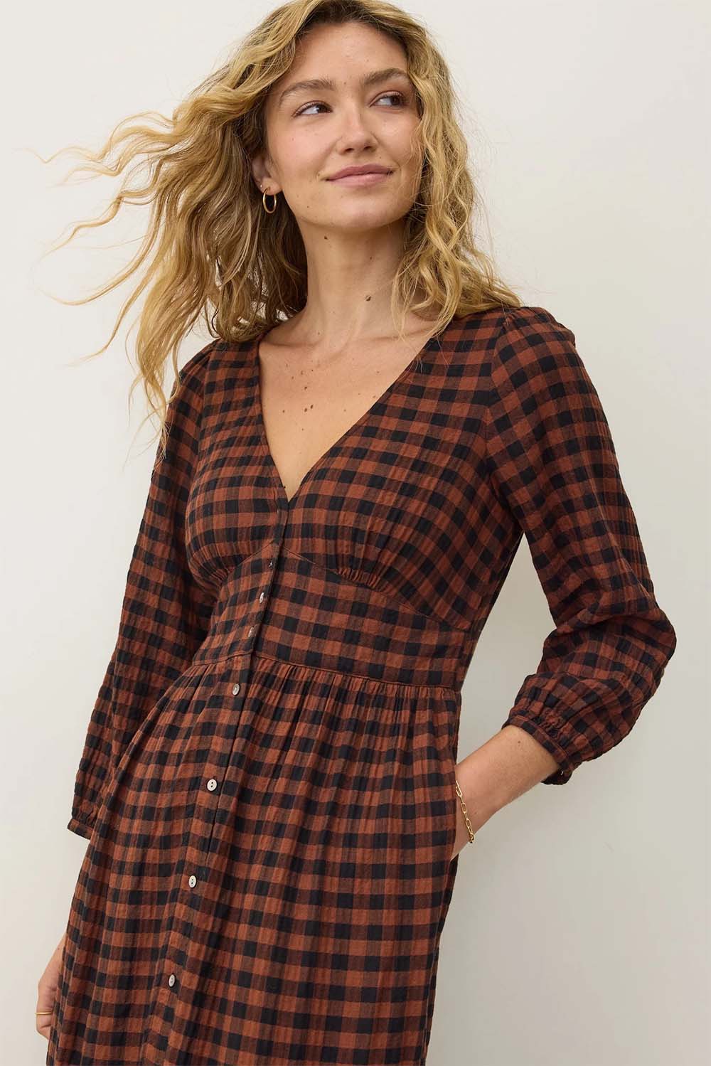 Marine Layer - Maeve Midi Dress - Espresso Gingham - Detail