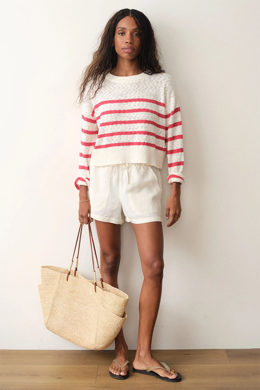 marine layer seabreeze crewneck sweater white red stripe