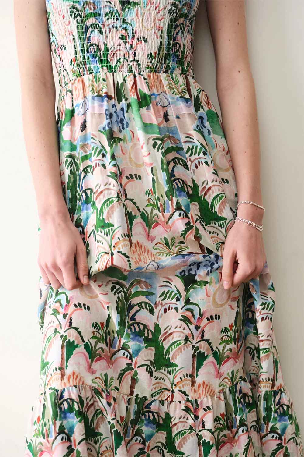 marine layer selene maxi dress watercolor palm detail