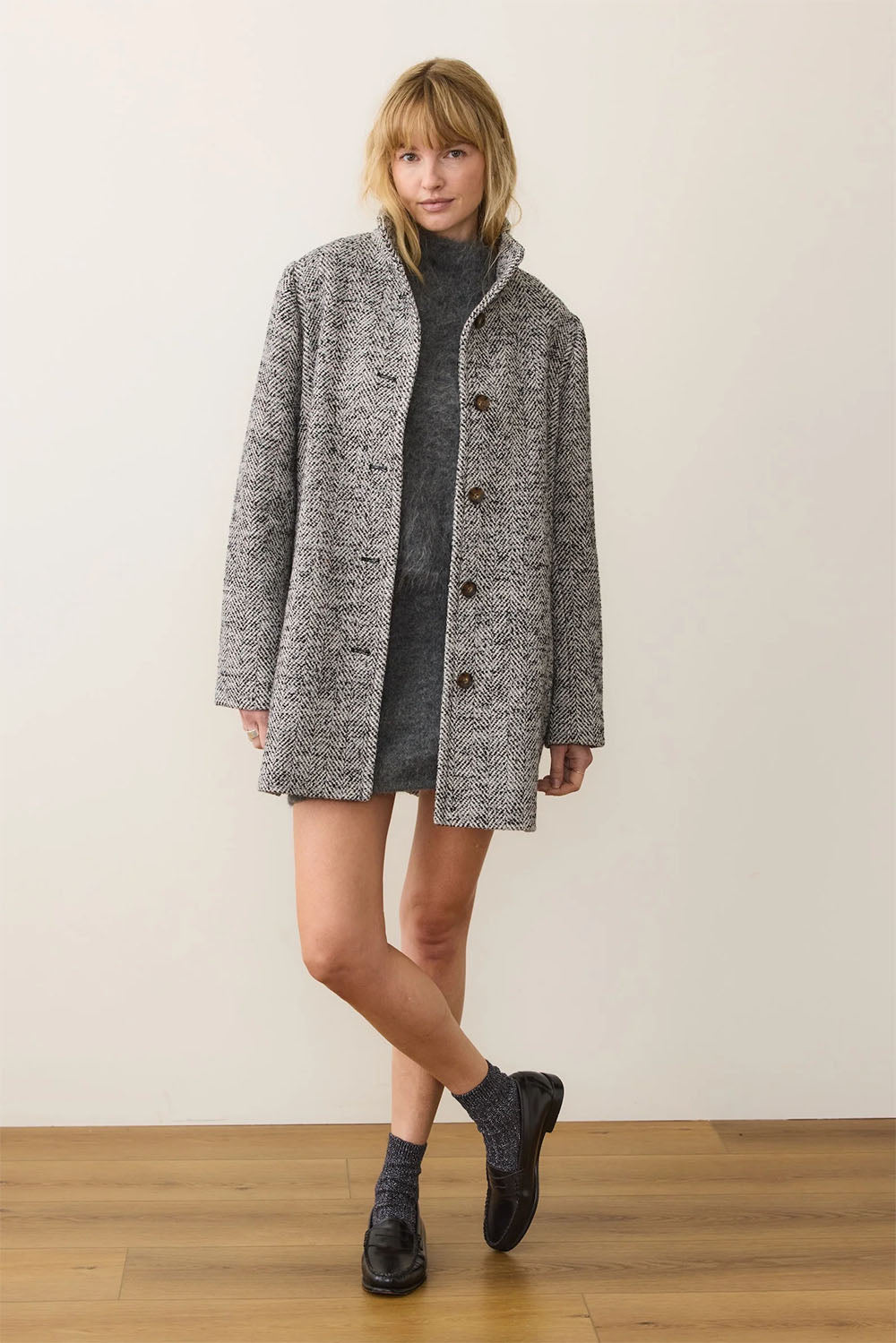 marine layer stephanie cocoon coat black white herringbone