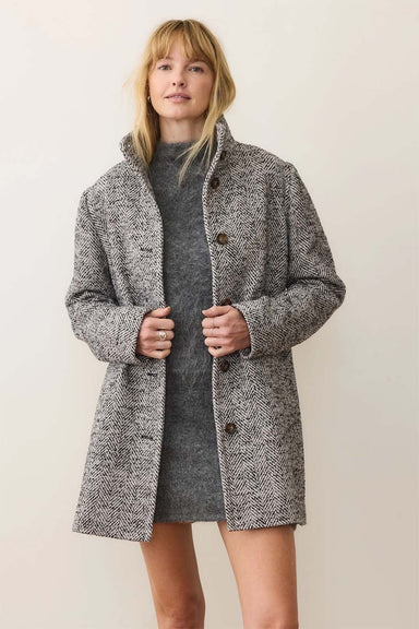 marine layer stephanie cocoon coat black white herringbone front