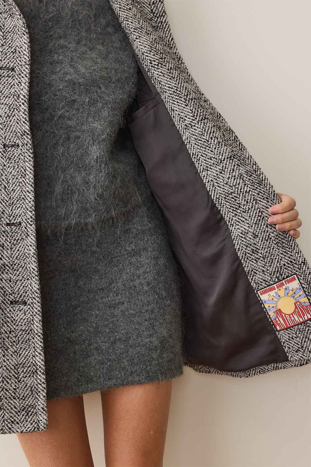 marine layer stephanie cocoon coat black white herringbone inside