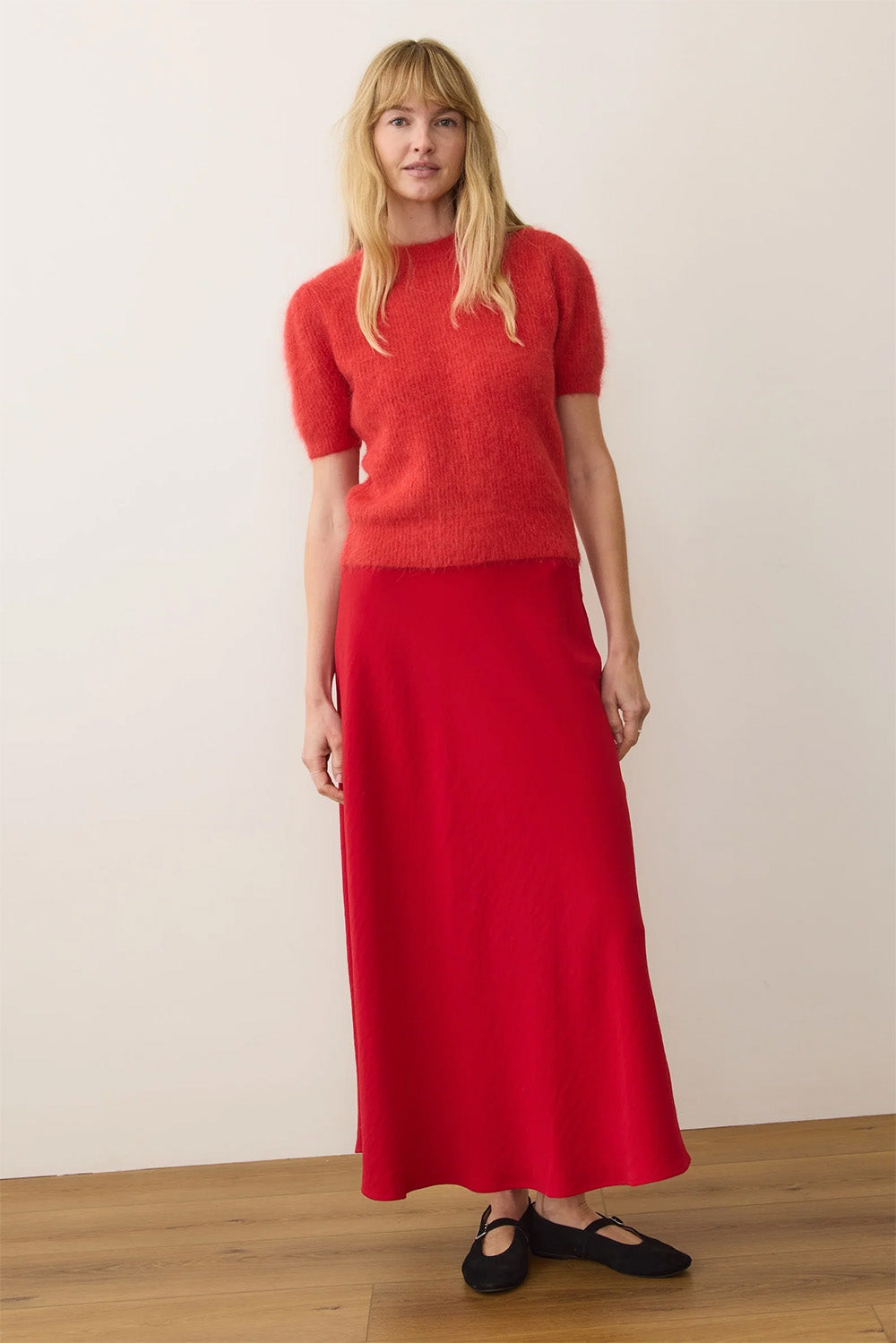 marine layer suri puff sleeve sweater cherry red