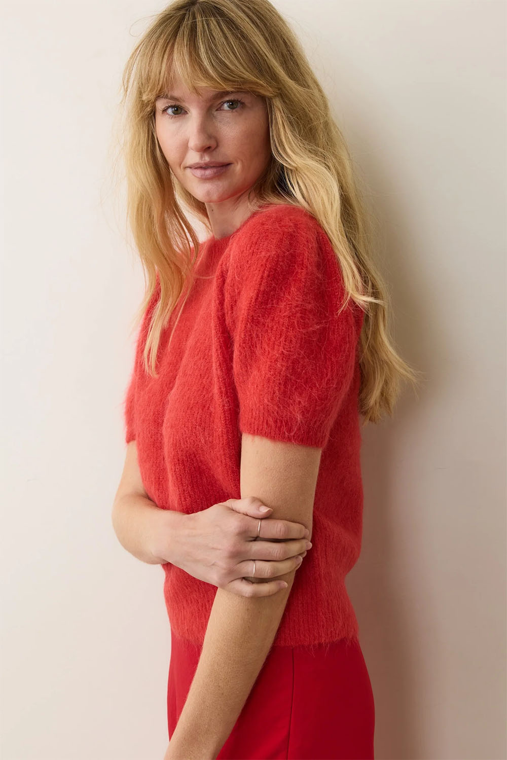 marine layer suri puff sleeve sweater cherry red side
