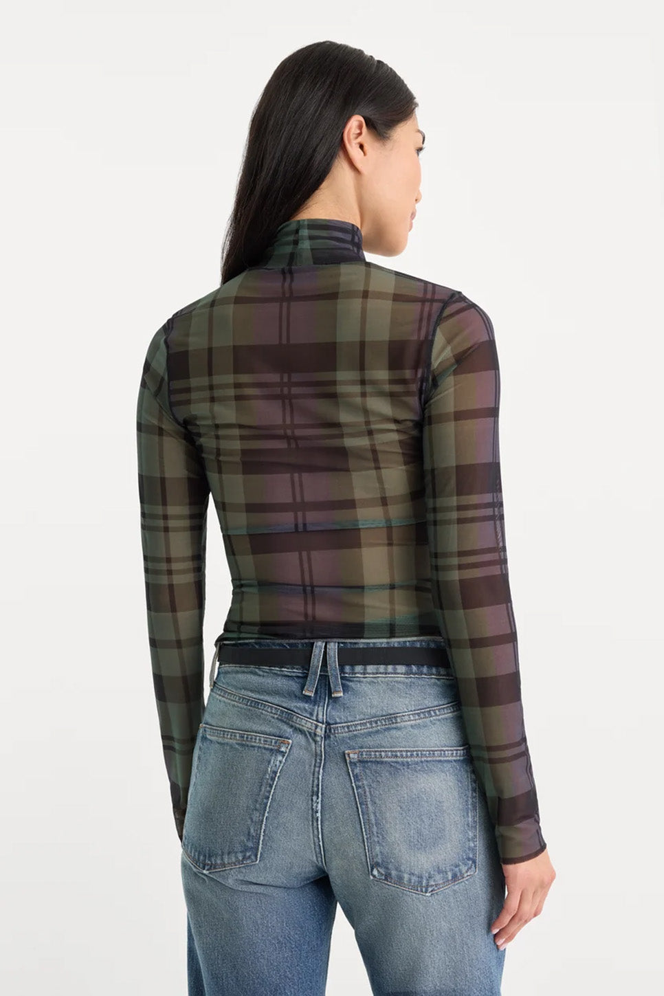 Good American - The Mesh Turtleneck - Navy Green Plaid - Back