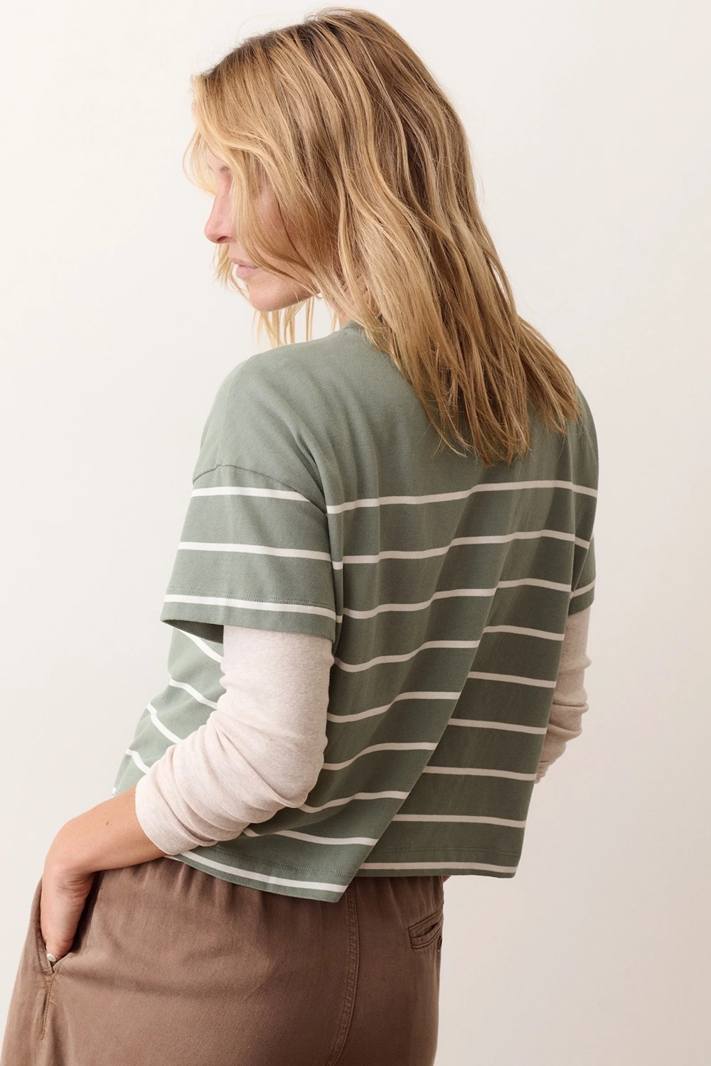Marine Layer Miracle Jersey Crew Tee in Sage & White Stripe — Back view