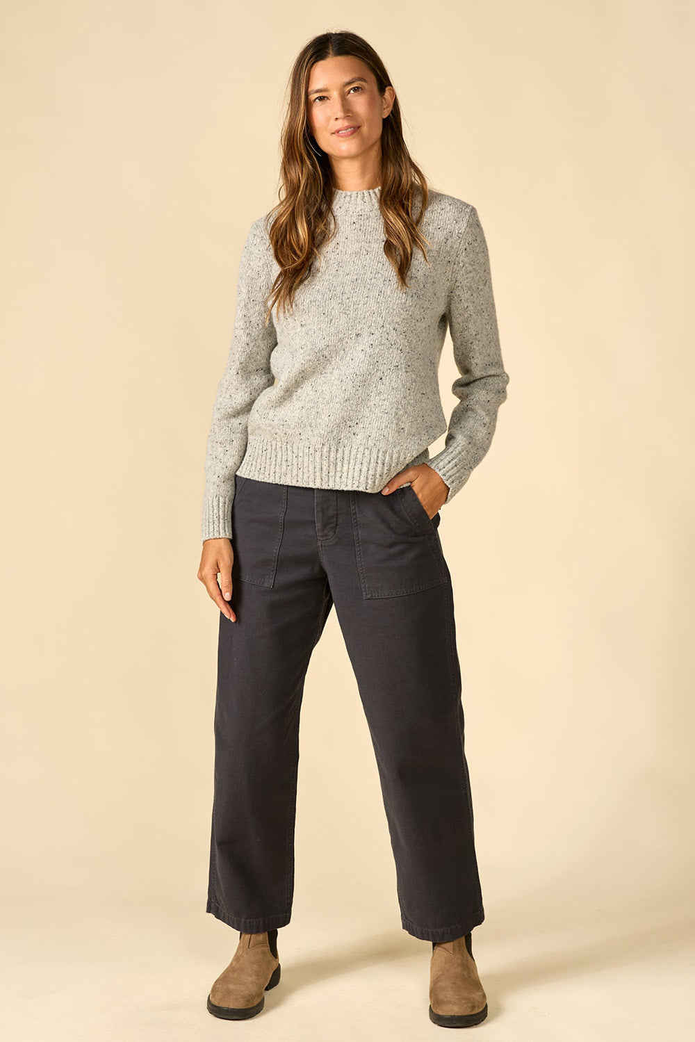 Outerknown Roma Donegal Sweater in Heather Grey — Styled view