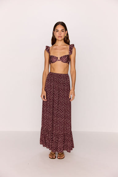 minkink sierra ruffle hem maxi skirt burgundy floral front