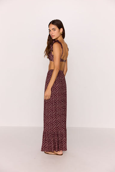 minkink sierra ruffle hem maxi skirt burgundy floral side
