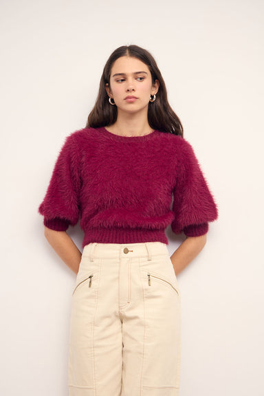 minkpink alva fluffy cropped knit wine