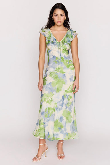 minkpink carrie ruffled midi dress watercolour floral front