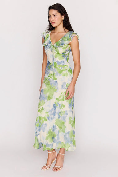 minkpink carrie ruffled midi dress watercolour floral side