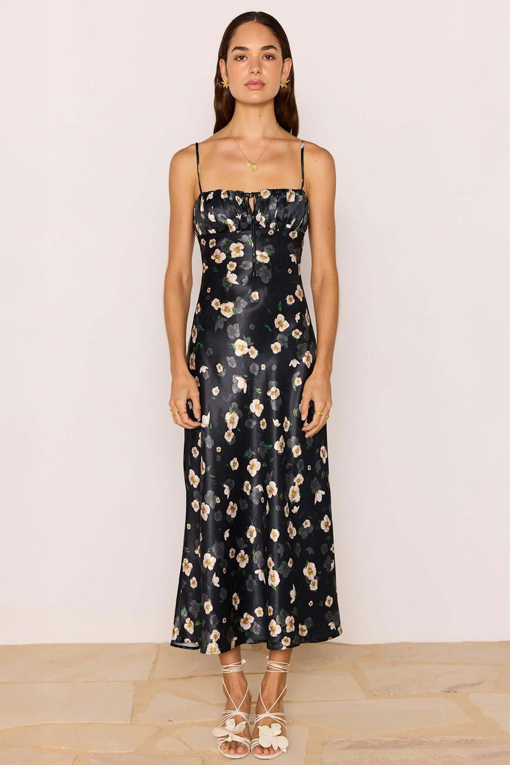 minkpink elinor bias midi dress floral black front