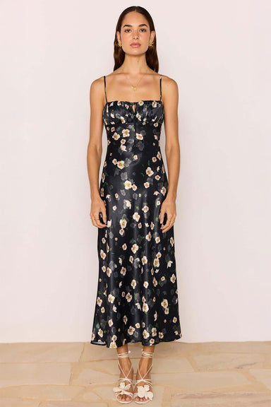 minkpink elinor bias midi dress floral black front