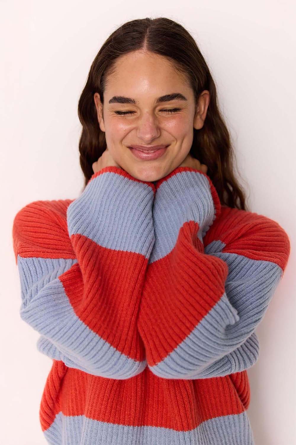 minkpink freja stripe chunky knit soft blue coral detail