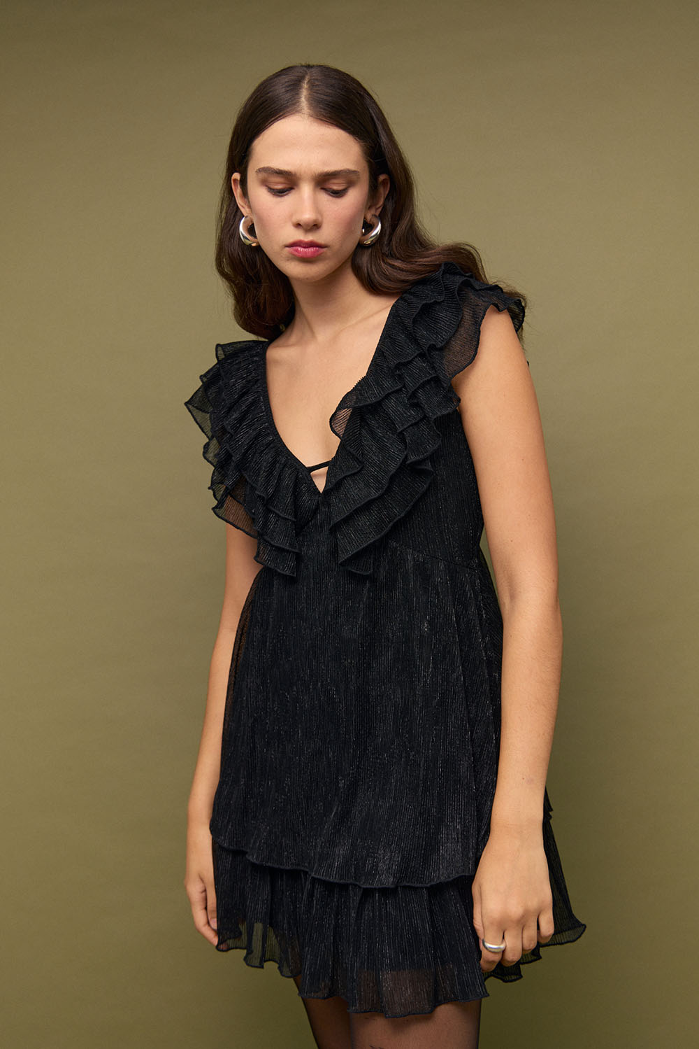 minkpink greta plisse lurex mini dress black