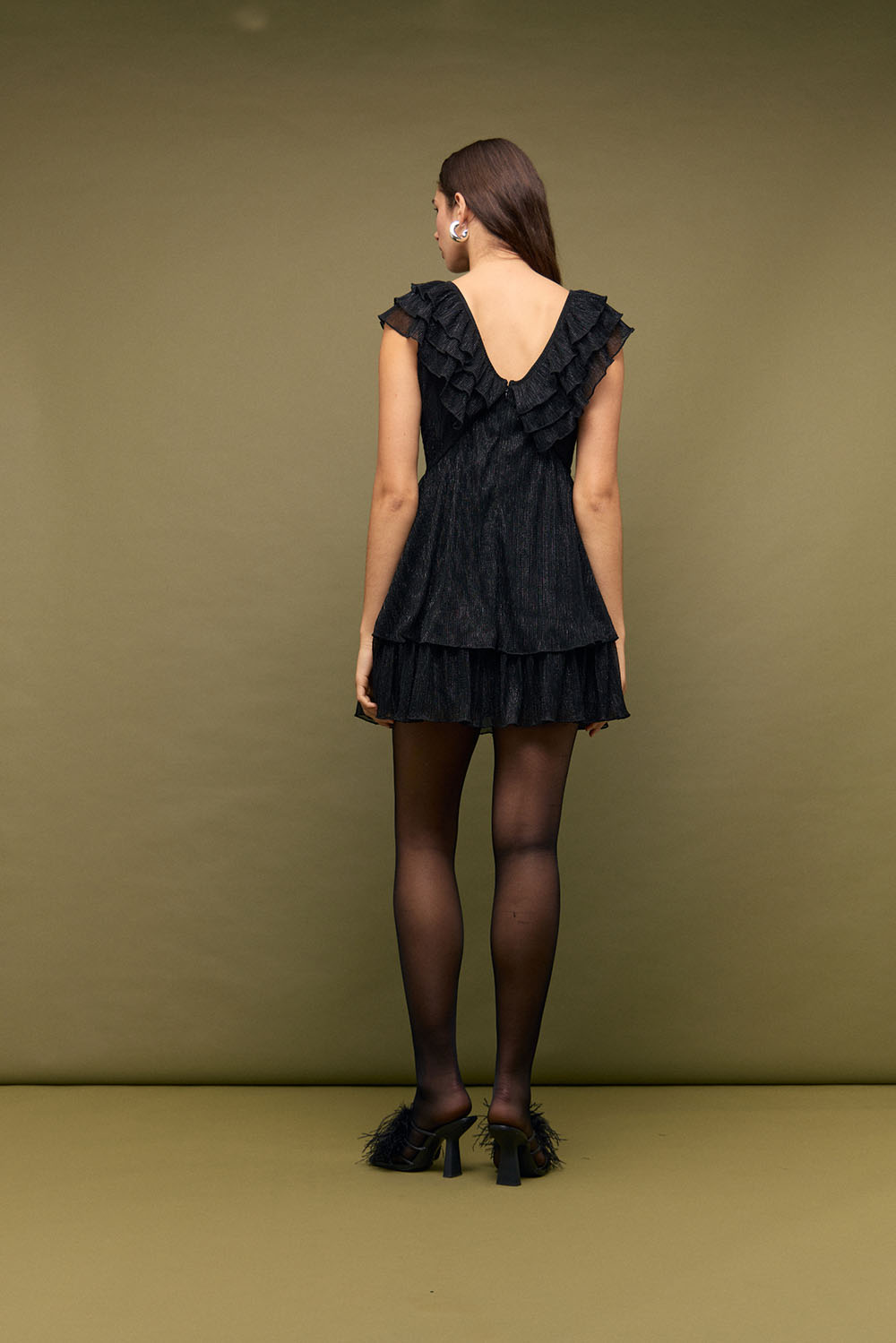 minkpink greta plisse lurex mini dress black back