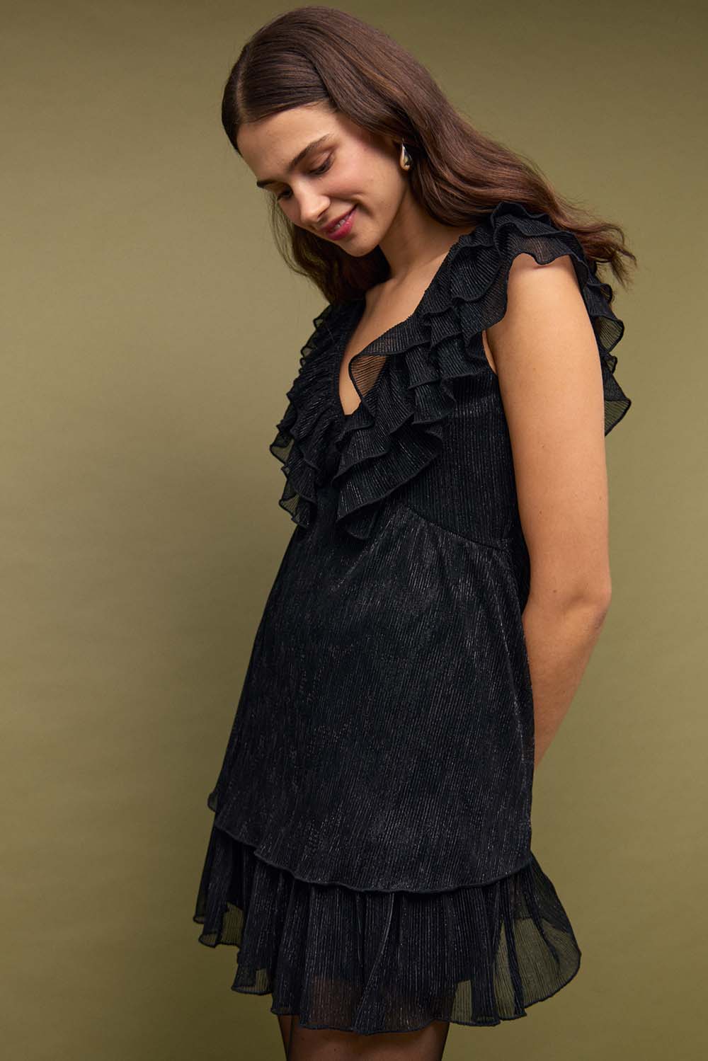 minkpink greta plisse lurex mini dress black side