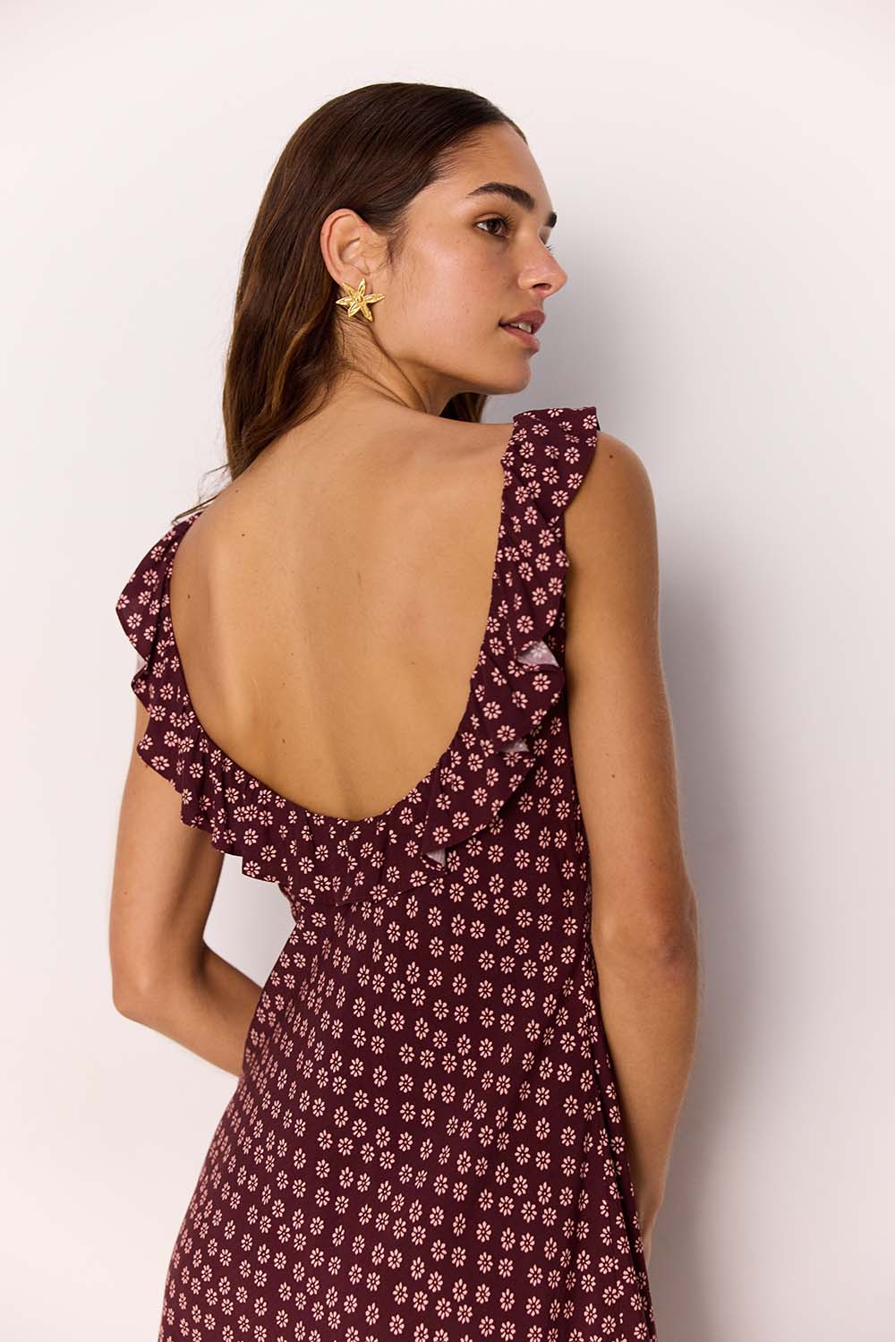 minkpink sierra ruffle strap mini dress burgundy floral back detail