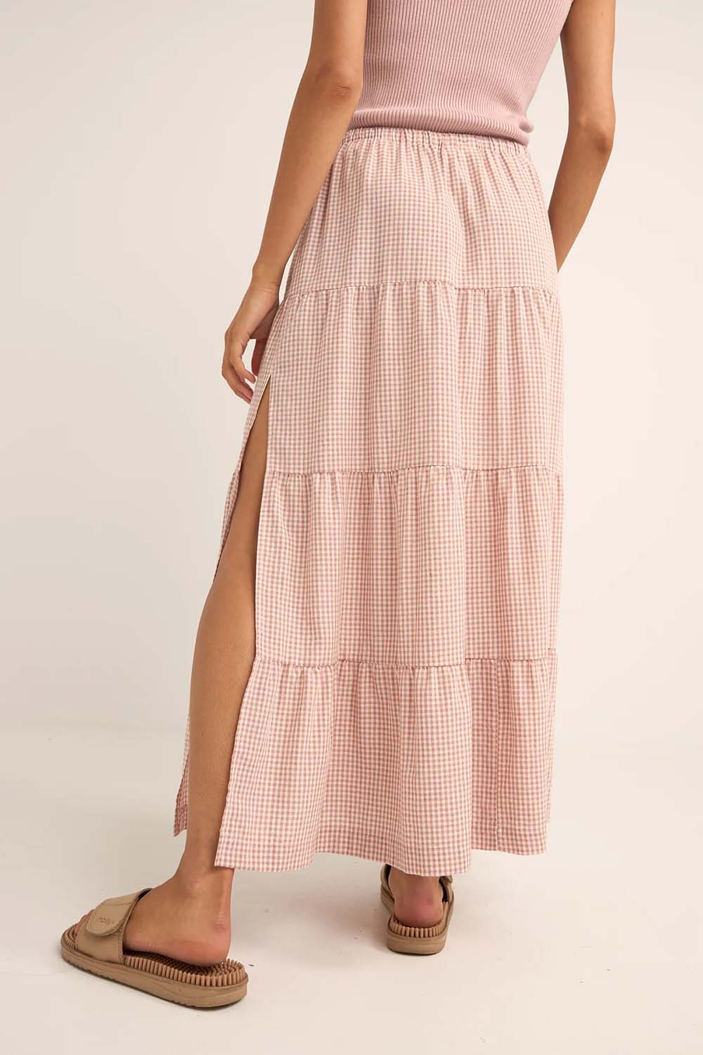 Rhythm - Lola Check Tiered Maxi Skirt - Dusty Pink - Back