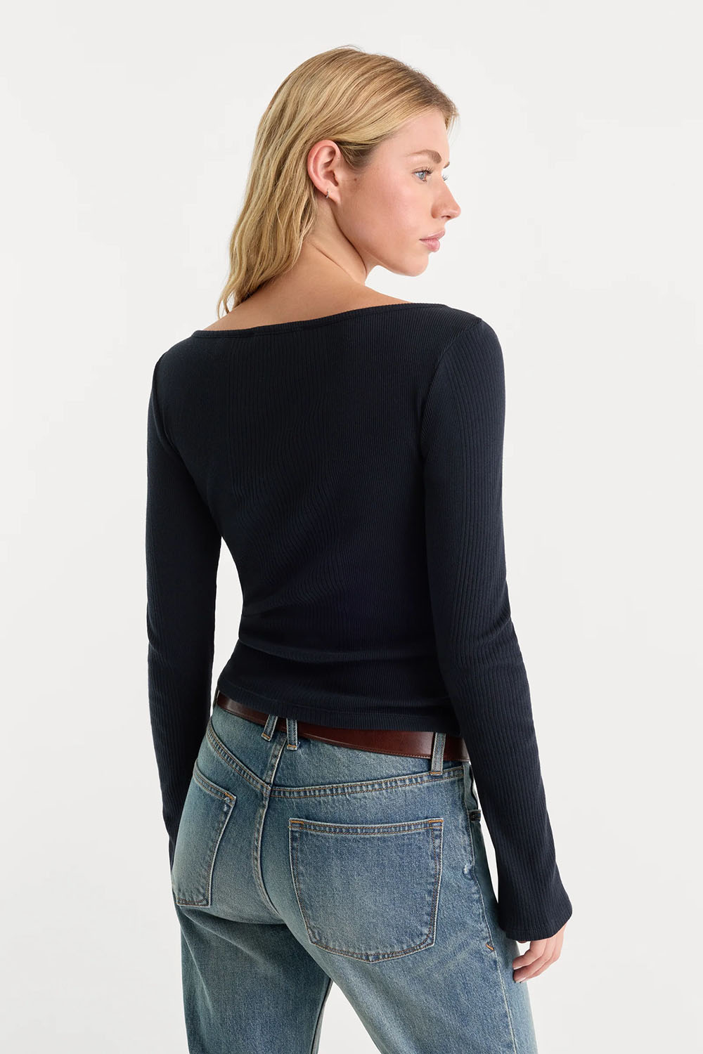 Good American The Varigated Rib Top in New Navy — Back view