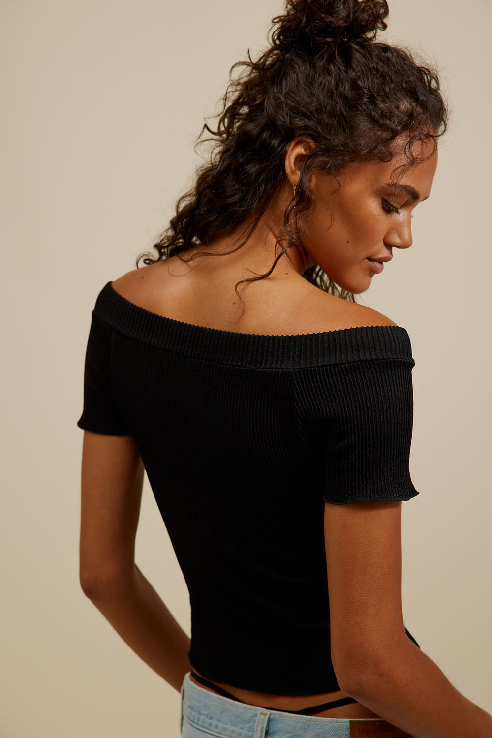 Free People - Ribbed Seamless Off Shoulder - Black - Back