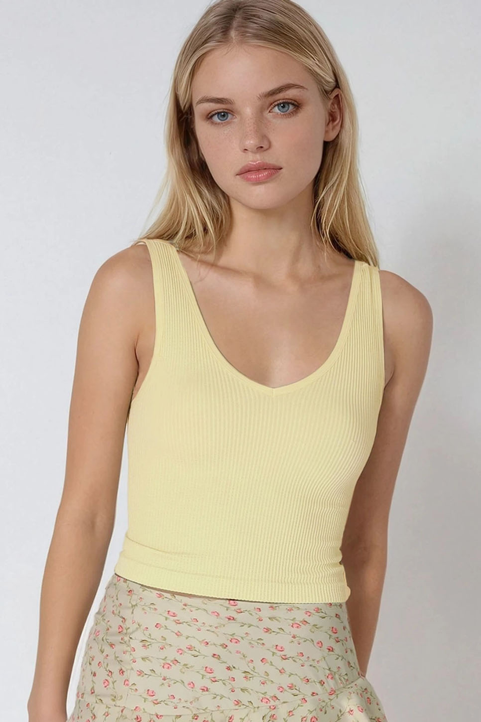 Niki Biki Reversible Ribbed Crop Top in Pale Banana — Front view