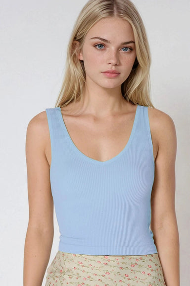 Niki Biki Reversible Ribbed Crop Top in Serene Blue — Front view