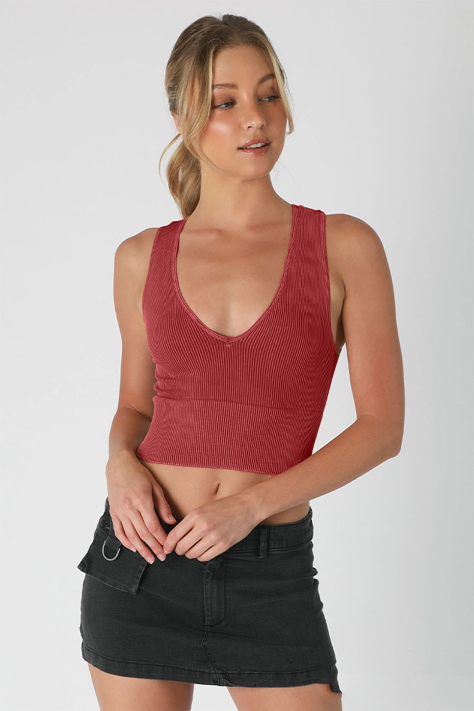 Niki Biki Vintage Plunge V-Neck Crop Top in Cherry — Front view