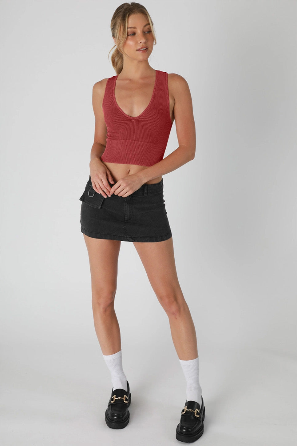 Niki Biki Vintage Plunge V-Neck Crop Top in Cherry — Full-body view