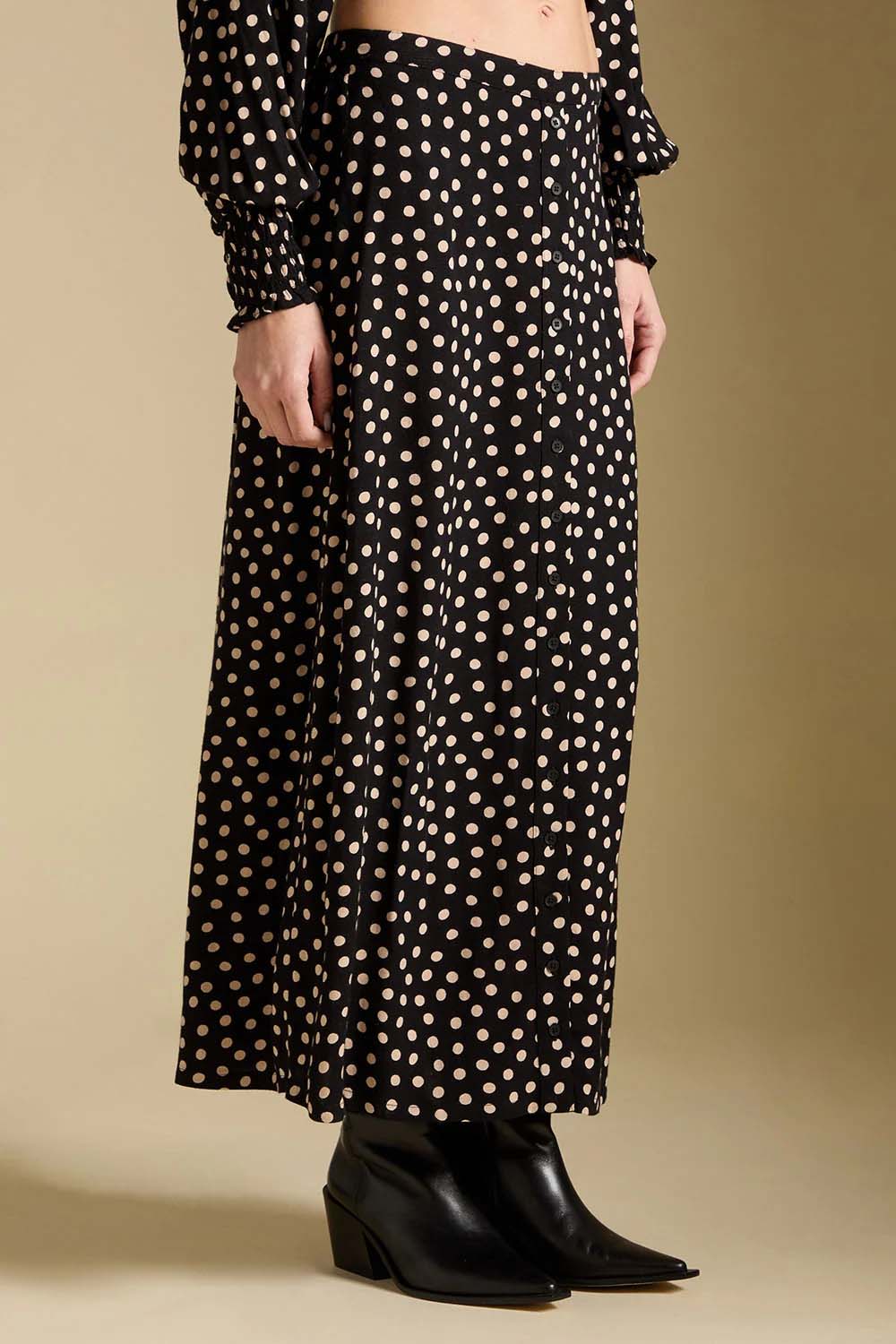Saltwater Luxe Nolla Midi Skirt in Midnight — Side detail view