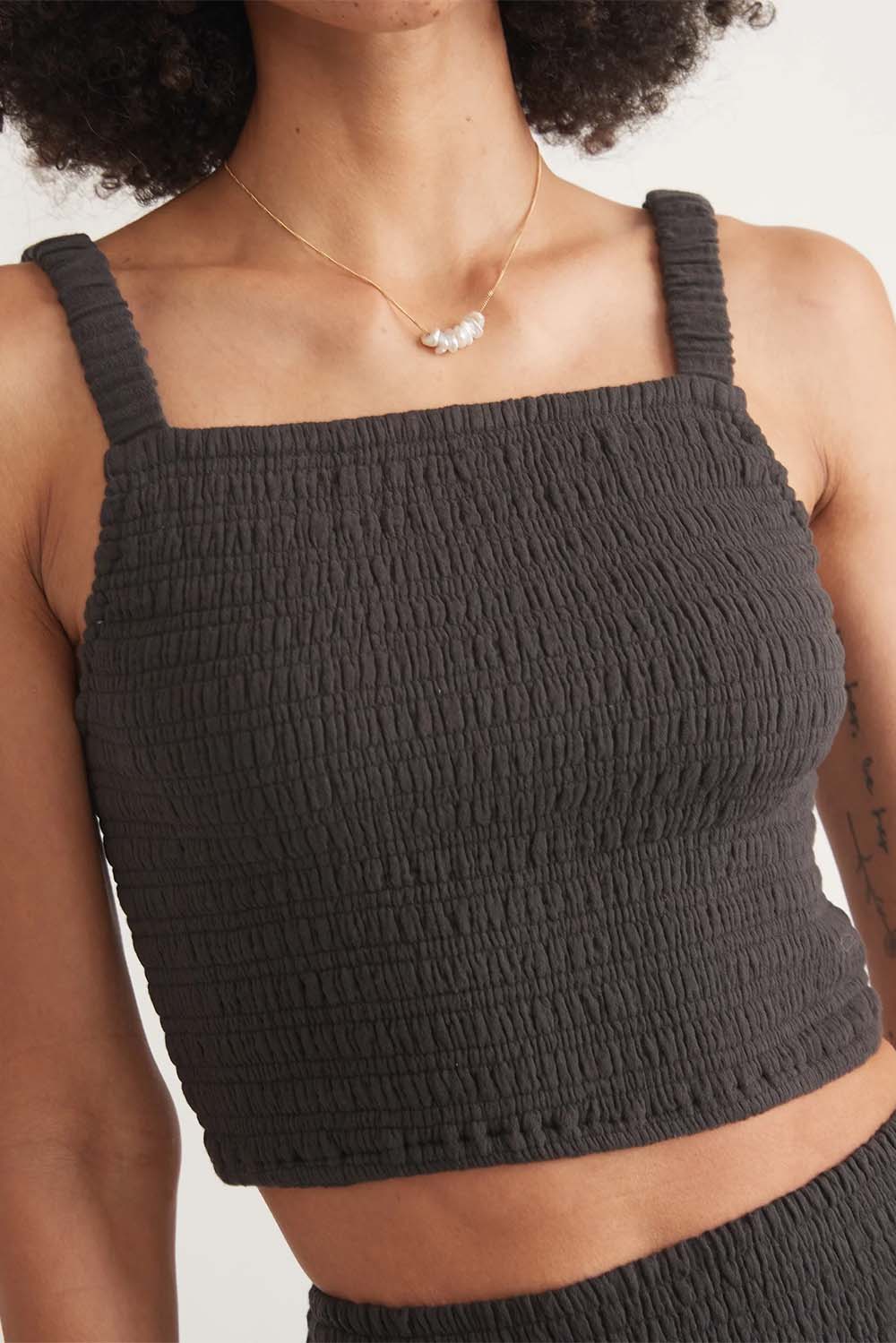 Marine Layer - Lila Double Cloth Tank - Faded Black - Detail