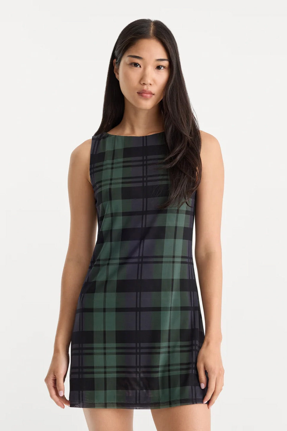 Good American - The Mesh Mini Dress - Navy Green Plaid - Front