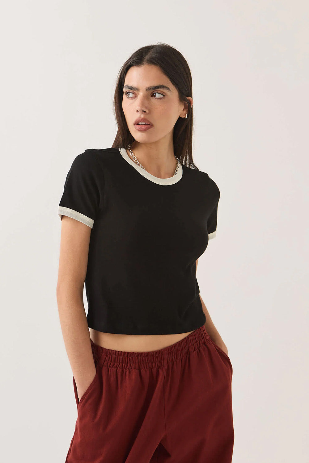 Brixton - Carefree Ringer Tee - Black/Off White - Front Angle