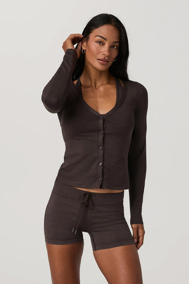 Vuori - Halo V Neck Long Sleeve Cardigan - Java Heather - Front
