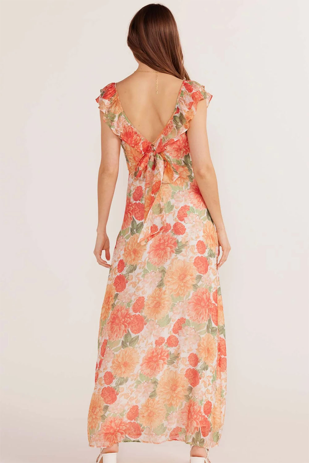 Mink Pink - Aida Frill Maxi Dress - Apricot Floral - Back