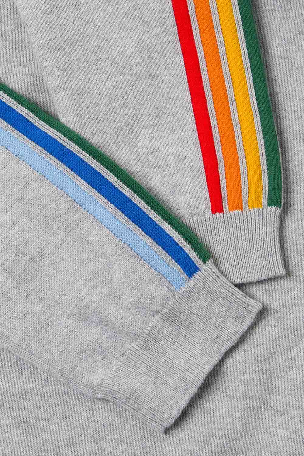 Outer Known Halcyon Sweater in Heather Grey Rainbow Stripe — Sleeve detail view