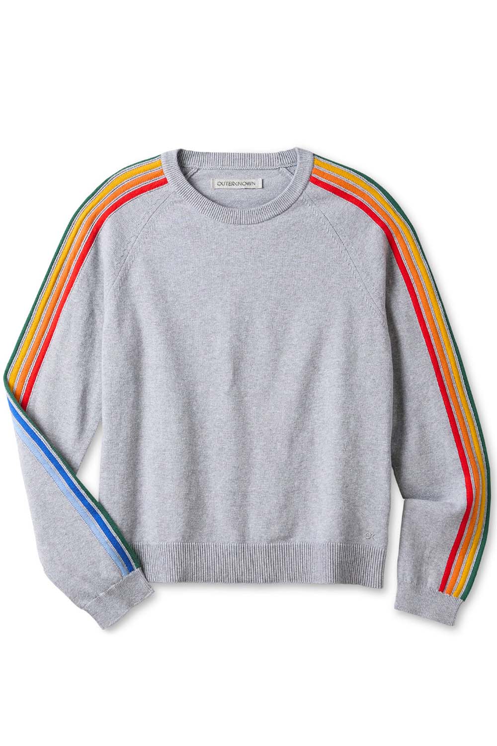 Outer Known Halcyon Sweater in Heather Grey Rainbow Stripe — Flatlay view