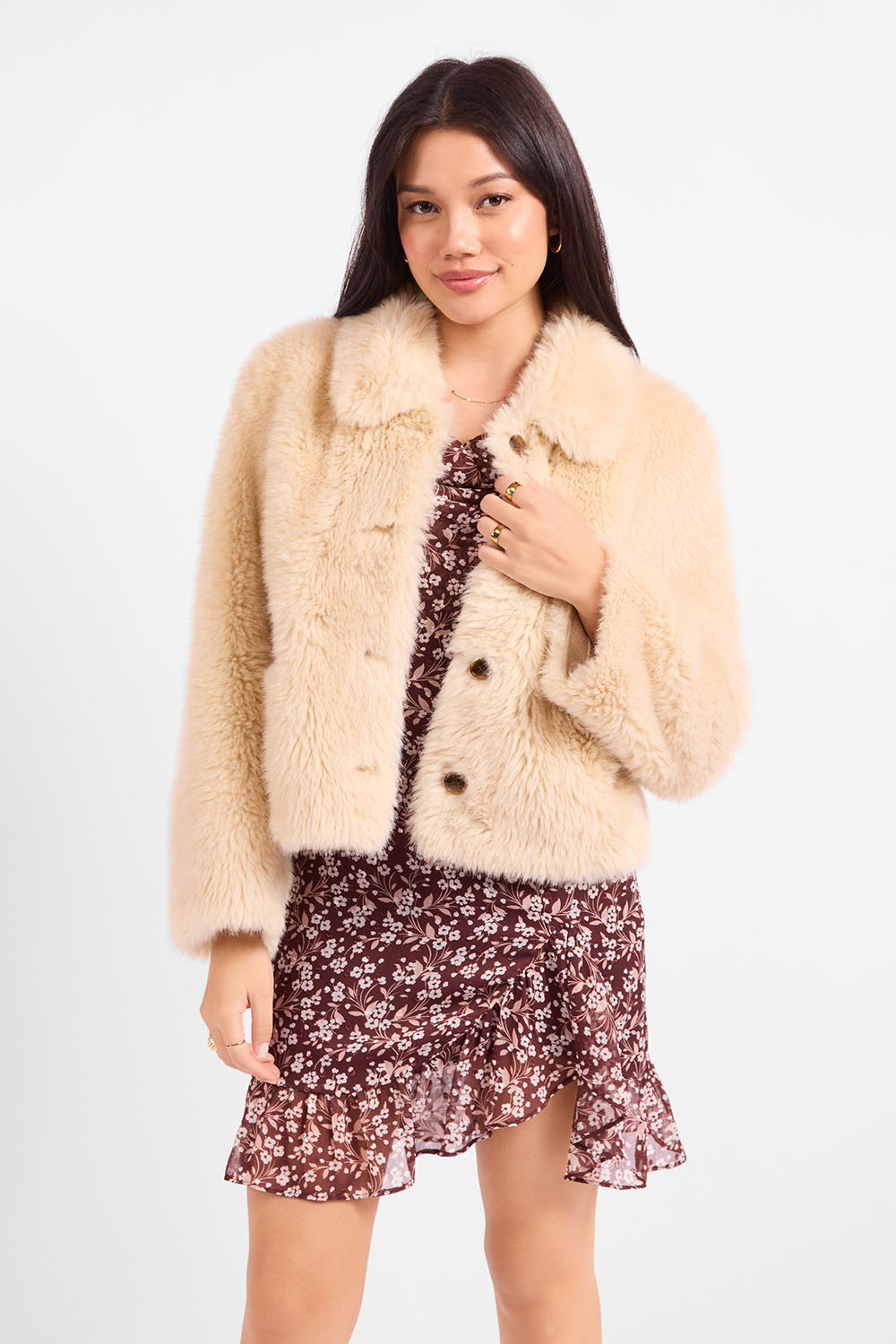 Sadie & Sage - Calla Faux Fur Coat - Cream - Front