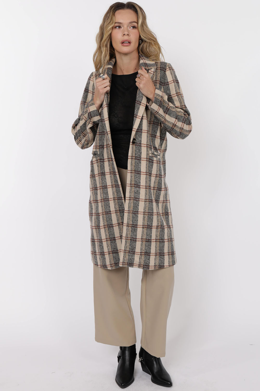 Sage the Label - STEADY BRUSHED PLAID COAT - Camel Multi