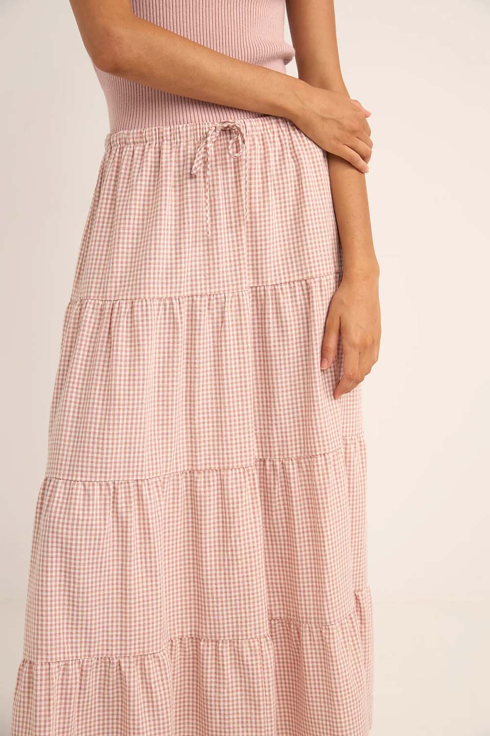 Rhythm - Lola Check Tiered Maxi Skirt - Dusty Pink - Detail